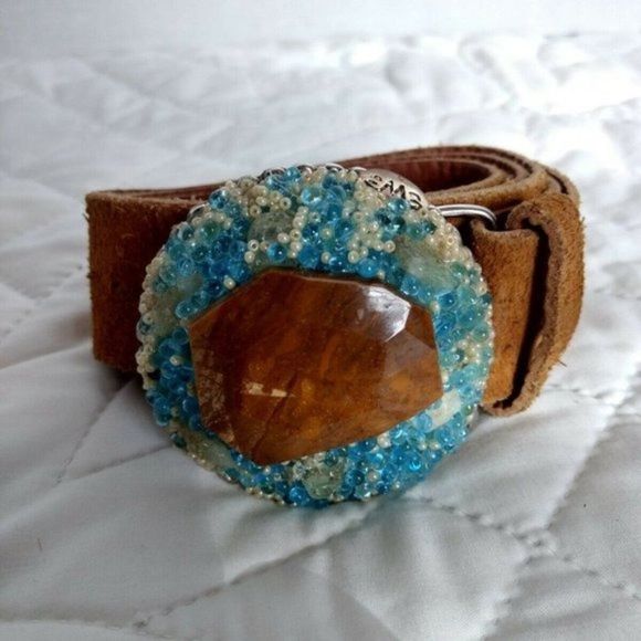 Belt Buckle Brown Stone Blue Beaded Embellished Size L Leather Southwestern main image 4